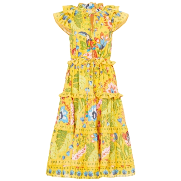 Farm Rio Summer Garden Ruffled Midi Dress XS - Floral Cotton Drawstring Waist